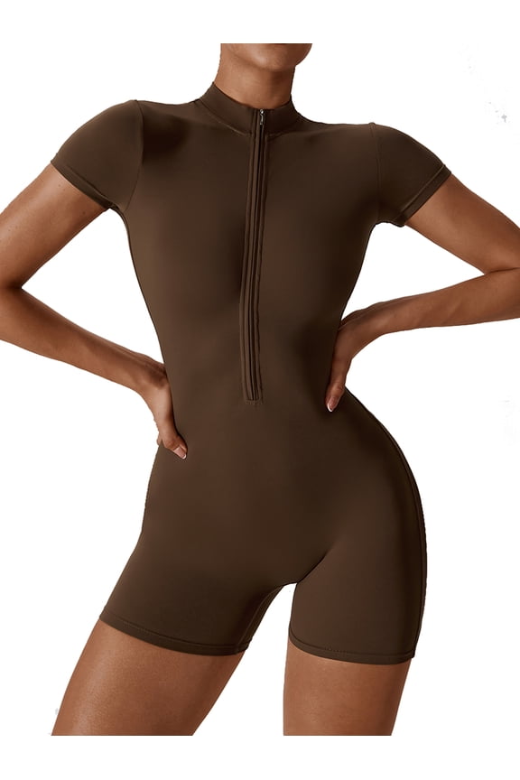Women's Short Sleeve Zip Up Yoga Bodysuit, One Piece Slim Fit Workout Jumpsuit Romper, High Waist Athletic Bodycon Jumpsuit for Gym, Running, Fitness, Casual Daily Wear