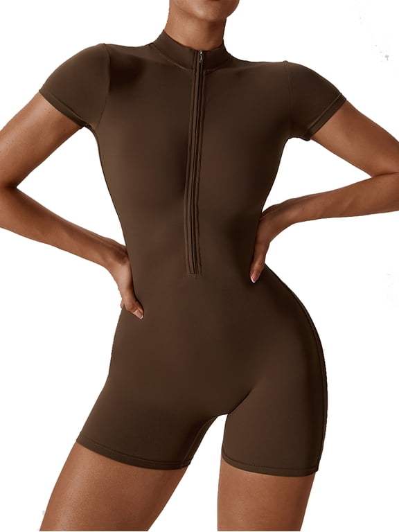 Women's Short Sleeve Zip Up Yoga Bodysuit, One Piece Slim Fit Workout Jumpsuit Romper, High Waist Athletic Bodycon Jumpsuit for Gym, Running, Fitness, Casual Daily Wear