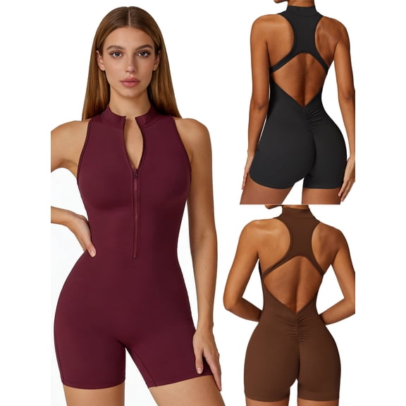 KEFIRLILY Women's Half Zip Workout Romper with Built-in Bra - Open Back Ruched Jumpsuit for Yoga Gym