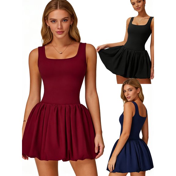 KEFIRLILY Women's Sleeveless Tennis Dress with Built-in Shorts & Pockets - Square Neck Athletic Workout Dress for Golf, Yoga, Pilates, Beach with Removable Pads