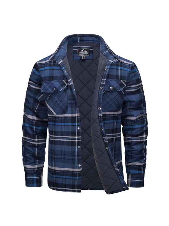 Men's Flannel Shirt Jacket Cotton Quilted Lined Button Down Plaid Shirt Jacket Winter Warm Heavyweight Coat