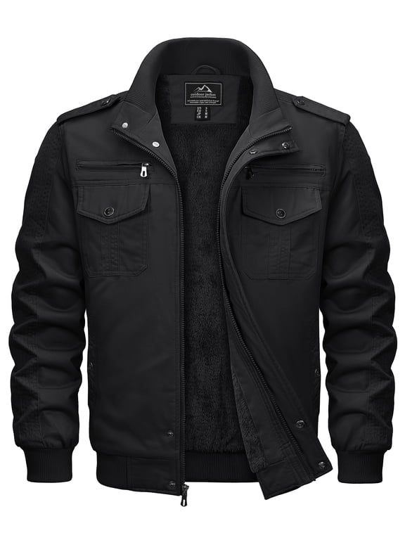 Men's Winter Warm Fleece Lined Jacket Thicken Windbreaker Cargo Coat with 7 Pockets Casual Work Field Outwear Blcak XL