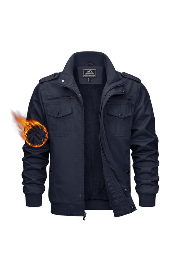 Men's Winter Jacket Thicken Fleece Lined Military Jacket Cargo Windbreaker Zip Front Stand Collar Coat with Multi Pockets Casual Field Outwear Coat