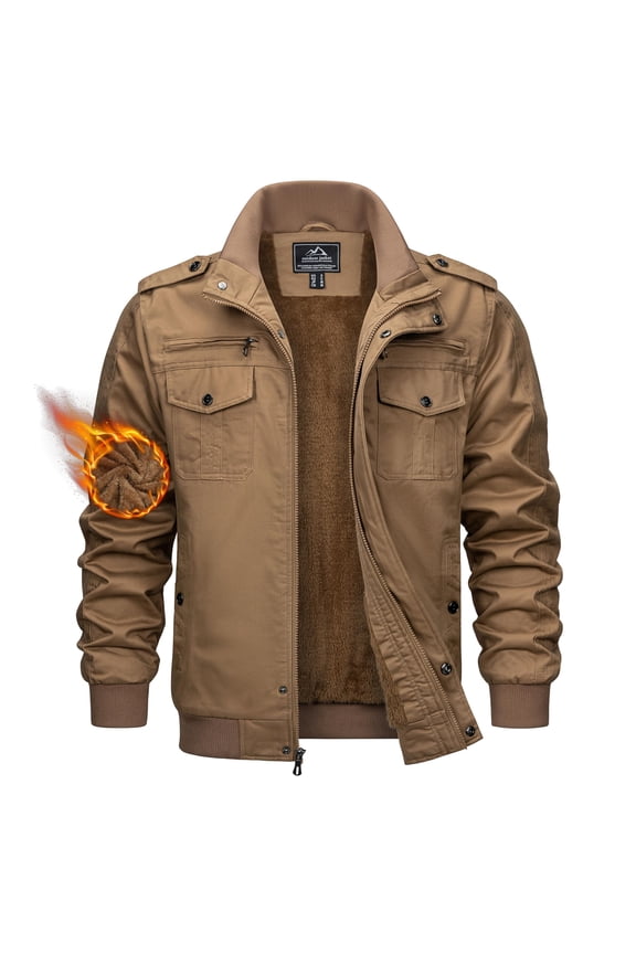 Men's Winter Jacket Thicken Fleece Lined Military Jacket Cargo Windbreaker Zip Front Stand Collar Coat with Multi Pockets Casual Field Outwear Coat