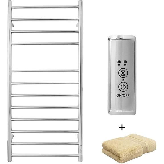 KEG Towel Warmer Wall Mounted with Built-in Timer 12 Bars Electric Stainless Steel Heated Towel Racks for Bathroom, Hot Plug-in Bath Towel Heater Polish Chrome