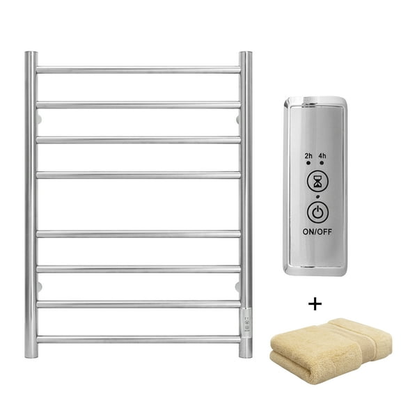 KEG Towel Warmer Wall Mounted with Built-in Timer 8 Bars Electric Stainless Steel Heated Towel Racks for Bathroom, Hot Plug-in Bath Towel Heater Brushed Nickel