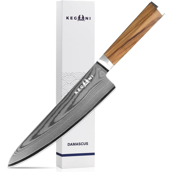 KEGANI 8" Damascus Chef Knife, Japanese 67 Layers VG-10 Damascus Knife, Italian Olive Wood FullTang Handle Natural Texture Japanese Knife