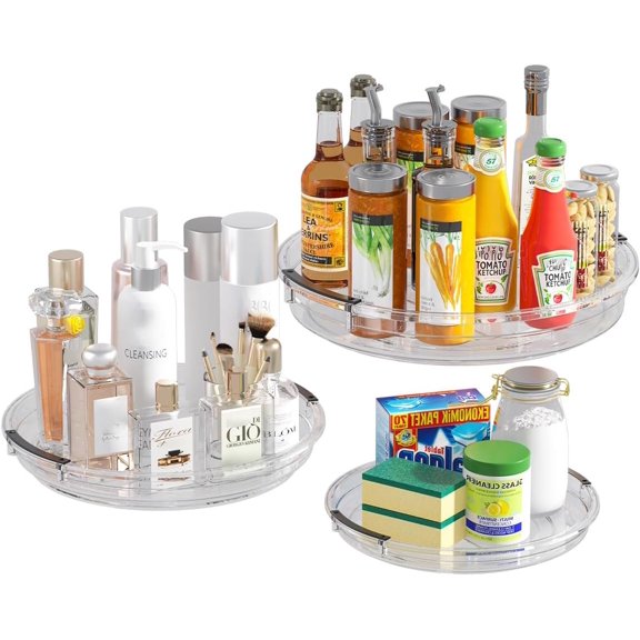 KEGFRE 3 Pack Lazy Susan Organizer, Rotating Turntable Rack for Kitchen Storage, Pantry, Cabinet, Fridge & Countertop, Condiment & Seasoning Holder, 9.25", 10.6", 12", Clear