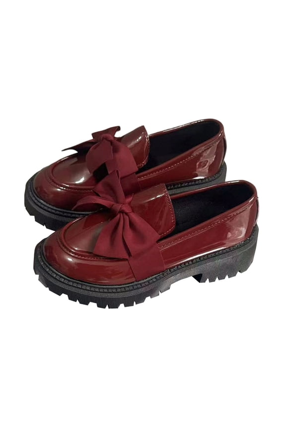 Fashionable Casual Versatile British Style One Foot Kick Thick Heel Comfortable Round Bow Bow Large Size Thick Heel Small Leather Shoes Wine 6