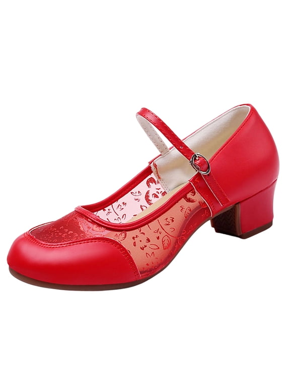 Female Teacher Latin Dance Shoes Adult Body Dance Practice Transparent Chiffon Plus Size Shoes Trendy Mid Heel Dance Shoes Red Size 7