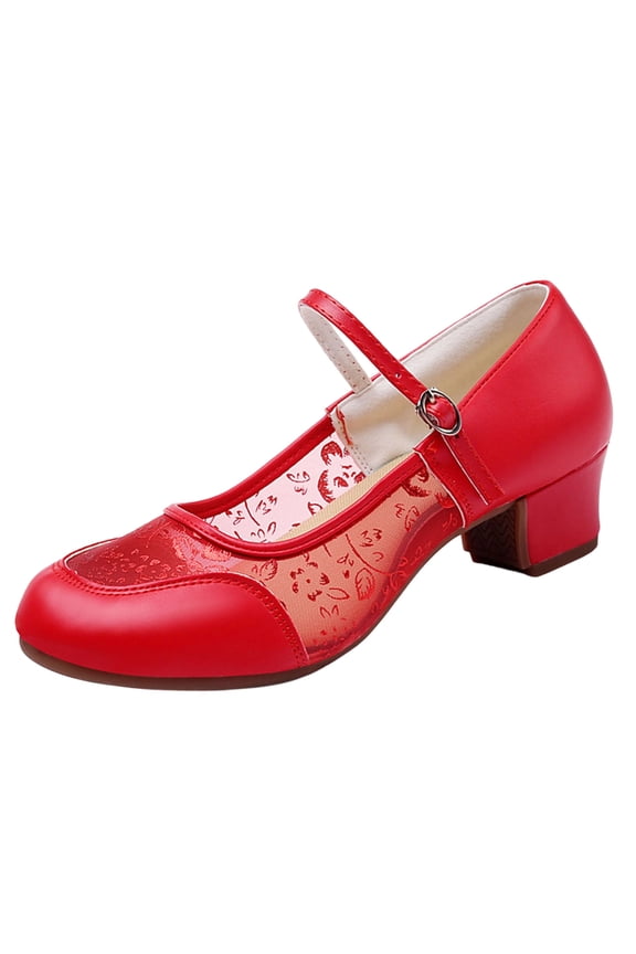 Female Teacher Latin Dance Shoes Adult Body Dance Practice Transparent Chiffon Plus Size Shoes Trendy Mid Heel Dance Shoes Red Size 7