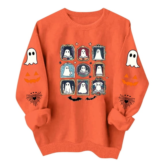 KEGIRLOM Halloween Sweatshirts for Women Cute Crewneck Ghost Pumpkin Sweaters | Cute frame ghost print sweatshirt Orange Pullover