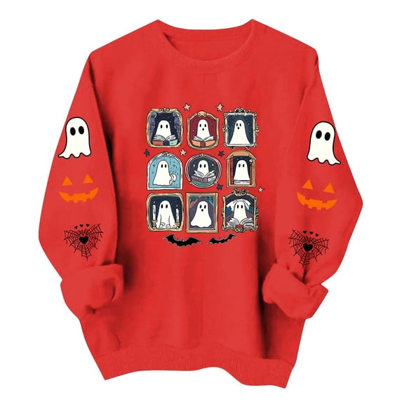 KEGIRLOM Halloween Sweatshirts for Women Cute Crewneck Ghost Pumpkin Sweaters | Cute frame ghost print sweatshirt Red Pullover