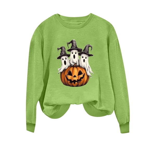KEGIRLOM Halloween Sweatshirts for Women Cute Graphic Long Sleeve Pullover Tops | Funny Halloween Graphic Design Mint Green Pullover