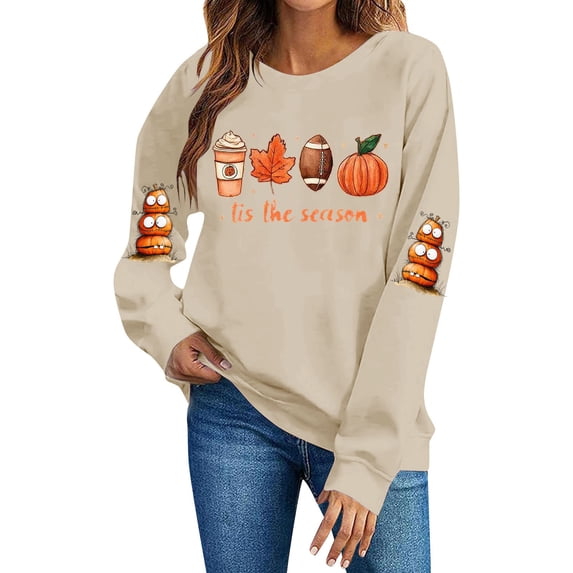 KEGIRLOM Oversized Halloween Thanksgiving Crewneck Sweatshirt, Pumpkin Fall Graphic Sleeve Print, Spooky Season Casual Outfit Khaki Pullover