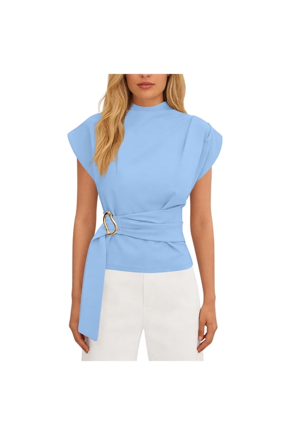 Women Blouses Spring Dressy Cap Sleeve Mock Neck Work Shirts Buckle Tunic Summer Business Casual Tops 2026 Light Blue M