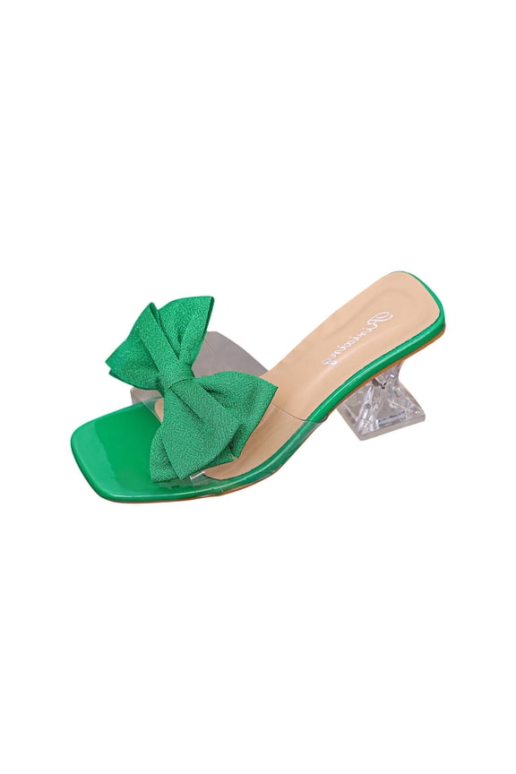 Women Fashion Casual Summer Item Solid Color Outerwear Transparent Bow Versatile Wine Glass Straight Drag High-Heeled Sandals Green 9