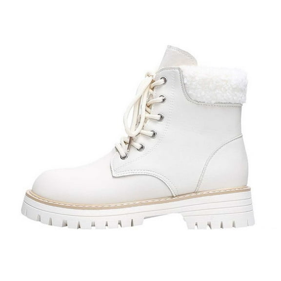 KEGIRLOM Women Fashion Casual Winter Thick Heel Round Toe Soft Sole Front Tie Solid Color Boots Beige 8.5