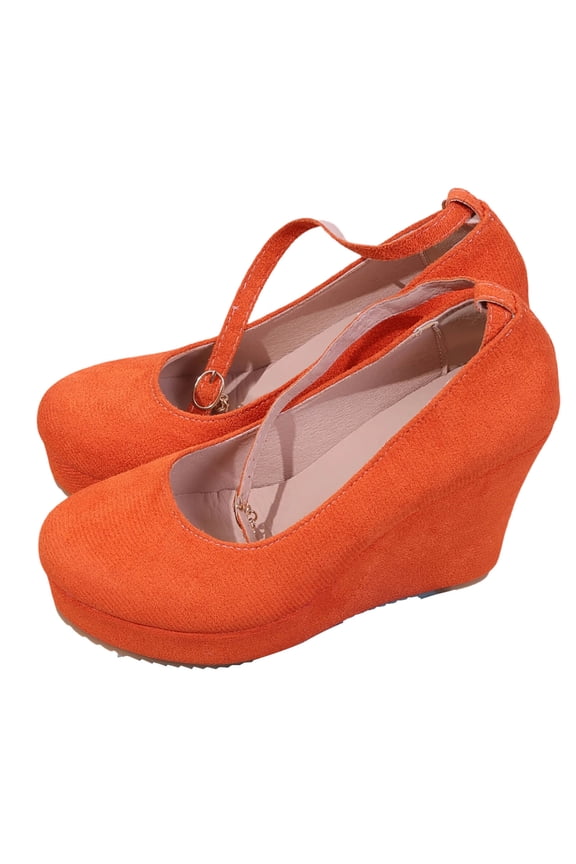 Women Fashion Large Size Spring Slope Heel Waterproof Round Head High Heel One Button Shallow Mouth Shoe Orange 6
