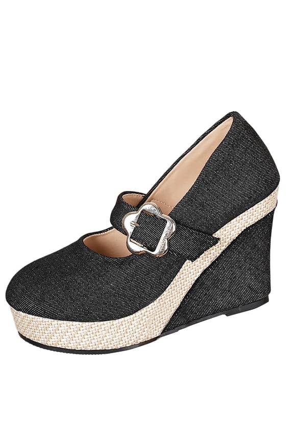 Women Fashion Plus Size Summer Item Plus Size Solid Color Buckle Strap High Heel Waterproof Casual Shallow Mouth Slope Heel Shoes Black 6