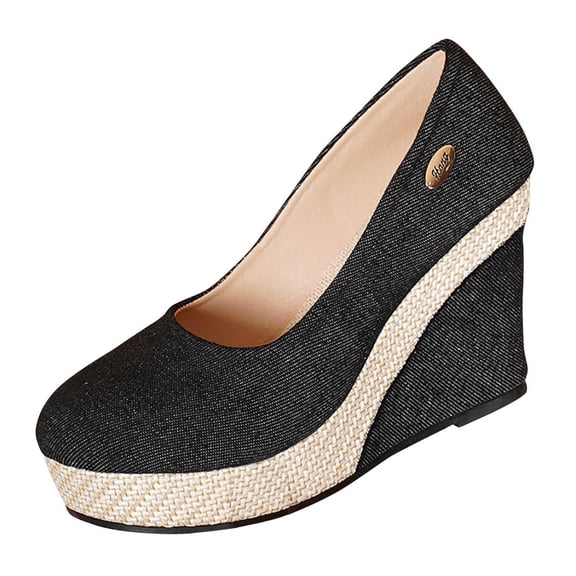 KEGIRLOM Women Fashion Spring Large Slope Heel Waterproof Thick Bottom Round Head Slope Heel Solid Color Fashion Casual Shoe Black Size 9