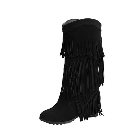 KEGIRLOM Women Fashionable And Casual British Style Versatile Thick Soled Winter Tassel High-Heeled Sleeve High Top Boots Black 6