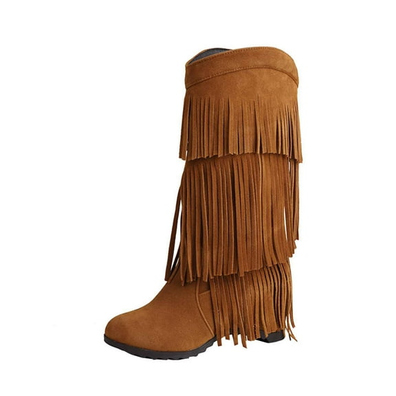 KEGIRLOM Women Fashionable And Casual British Style Versatile Thick Soled Winter Tassel High-Heeled Sleeve High Top Boots Yellow 5.5