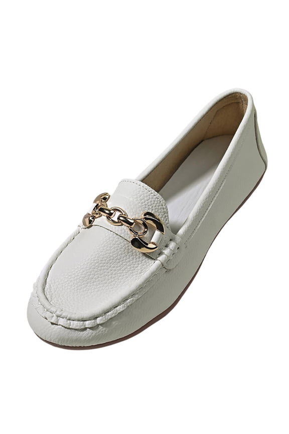 Women Fashionable And Casual French Shoes Soft Sole Solid Color Metal Buckle Flat Shoes White 5.5