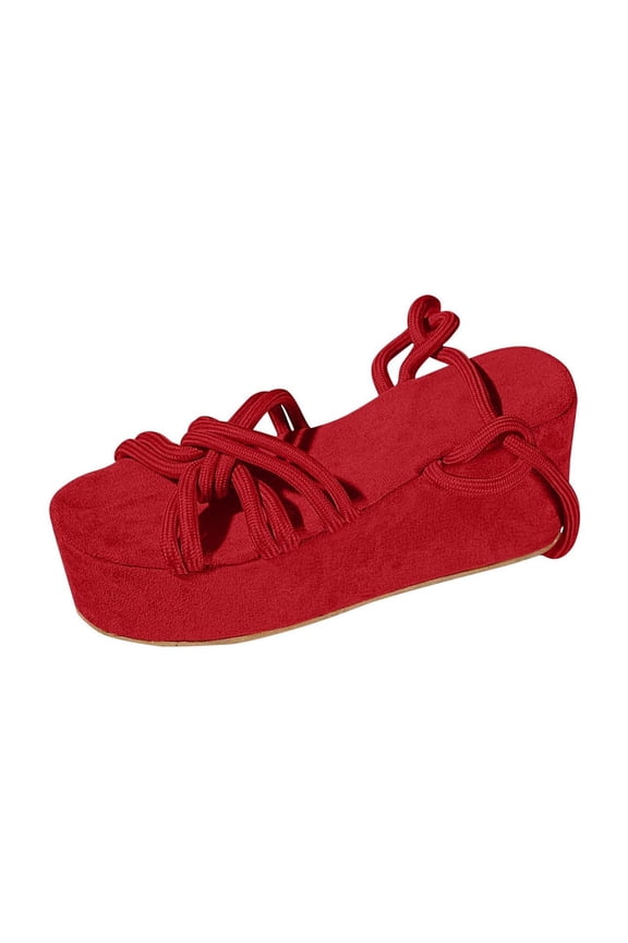 Women Fashionable And Casual Summer Solid Color Strap Flat Bottom Solid Color Thick Sole Strap Open Toe Sandals Red 9