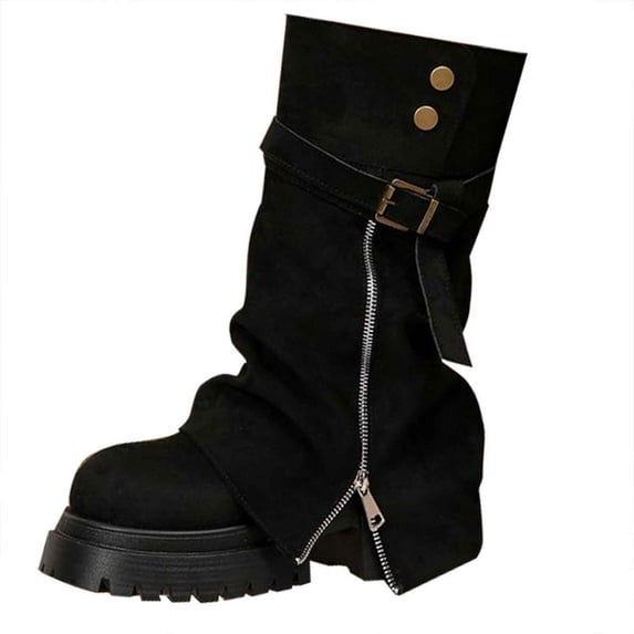 KEGIRLOM Women Fashionable And Casual Thick Heel Round Toe Pants With Side Zipper And Belt Buckle Suede Maillard Western Slim Boots Black 5.5