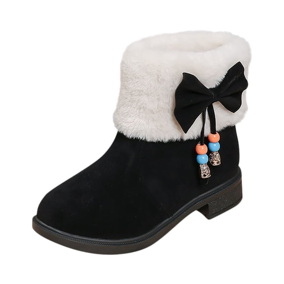 KEGIRLOM Women Fashionable And Casual Thick Soled Bow Round Toe Mid Tube Thick Artificial Face Short Boots Black 6