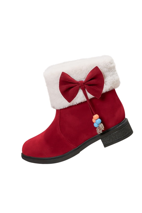 Women Fashionable And Casual Thick Soled Bow Round Toe Mid Tube Thick Artificial Face Short Boots Red 5.5