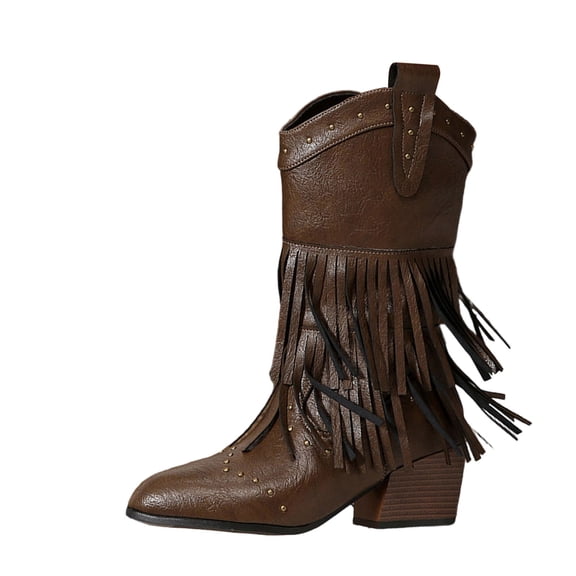 KEGIRLOM Women Fashionable And Casual Versatile British Style Tassel Pointed Oversized Western Mid Calf Cowboy Boots Brown 7