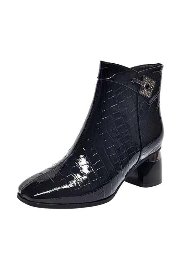 Women Fashionable And Casual Versatile Plus Size Patent Leather Short Tube Metal Buckle Winter Toe Shiny Boots Black 7.5