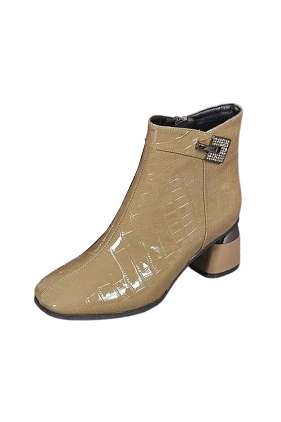 Women Fashionable And Casual Versatile Plus Size Patent Leather Short Tube Metal Buckle Winter Toe Shiny Boots Khaki 7.5