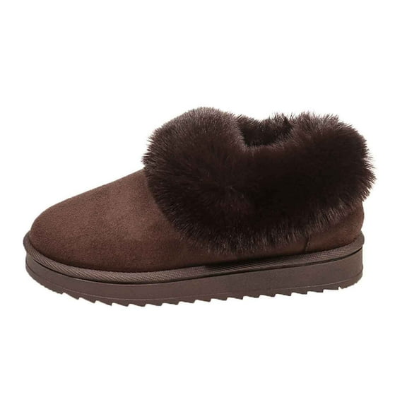KEGIRLOM Women Fashionable And Casual Versatile Round Headed Flat Bottom Solid Color Snow-White Furry Snow Boots Brown Size 7