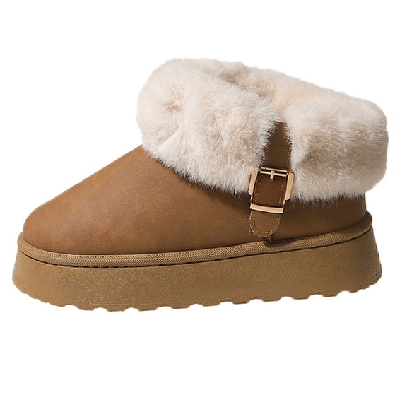 KEGIRLOM Women Fashionable And Casual Versatile Round Toe Solid Color Furry Thick Bottom Buckle Snow Boots Brown Size 7.5