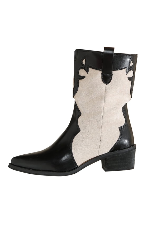 Women Fashionable And Casual Winter High Top Flat Bottomed British Style Thick Heel Pointed Midsole Color Blocked Knight Boots Black 6