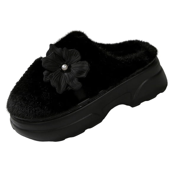 KEGIRLOM Women Fashionable And Casual Winter Soft Thick Bottom Cute Furry Pearl Toe Cover Indoor Home Warm Mop Black Size 7.5-8.5
