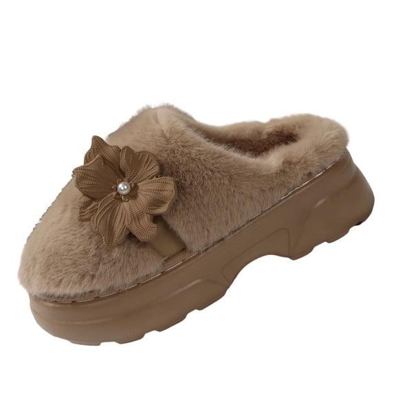 KEGIRLOM Women Fashionable And Casual Winter Soft Thick Bottom Cute Furry Pearl Toe Cover Indoor Home Warm Mop Khaki Size 5.5-6