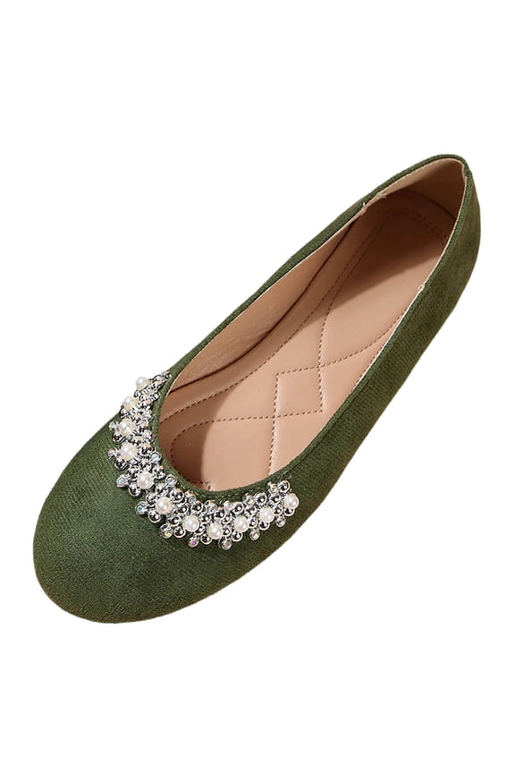 Women Fashionable And Casual All-Matching Large-Size British Rhinestone Beaded French Soft-Soled Round-Toe Comfortable Inner-High Shoes Green 9