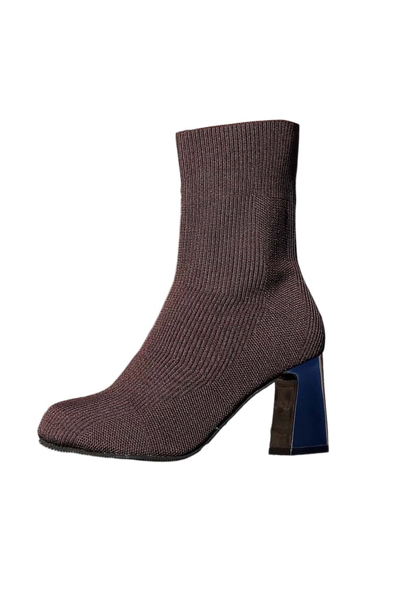 Women Fashionable Casual And Winter Item Solid Color Fly Woven Elastic Knitted Toe Thick Heel High-Heeled Mid Heeled Boots Coffee Size 5.5