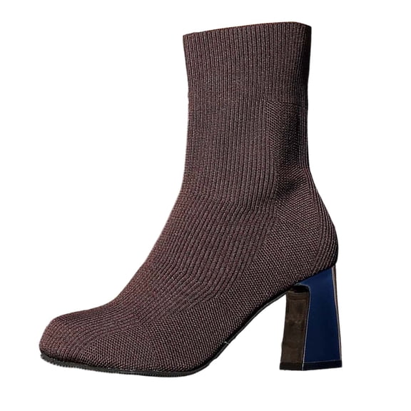 KEGIRLOM Women Fashionable Casual And Winter Item Solid Color Fly Woven Elastic Knitted Toe Thick Heel High-Heeled Mid Heeled Boots Coffee Size 6.5