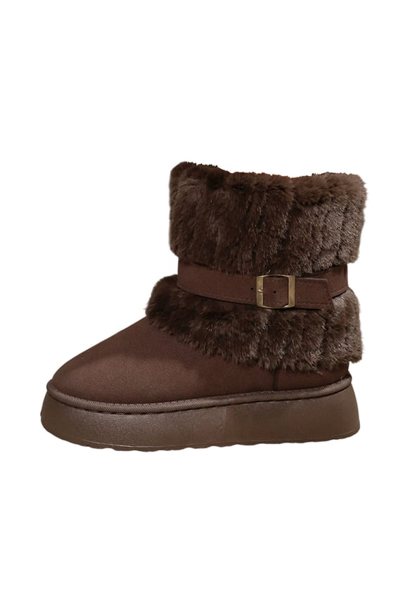 Women Fashionable Casual Comfortable Soft Sole Thick Furry Insulation Round Toe Thick Sole With Insulation Short Sleeved Boots Coffee Size 9.5