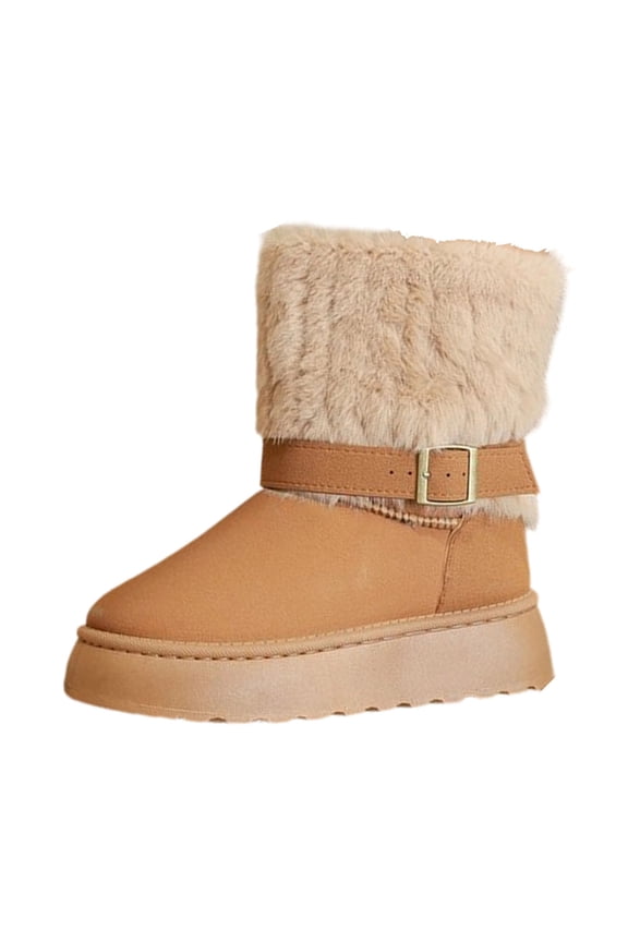 Women Fashionable Casual Comfortable Soft Sole Thick Furry Insulation Round Toe Thick Sole With Insulation Short Sleeved Boots Khaki Size 7.5