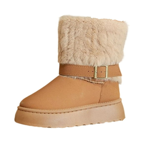 KEGIRLOM Women Fashionable Casual Comfortable Soft Sole Thick Furry Insulation Round Toe Thick Sole With Insulation Short Sleeved Boots Khaki Size 6