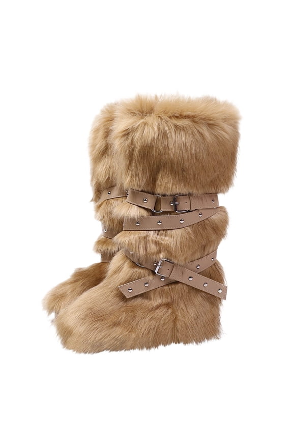 Women Fashionable Casual Flat Heel High Top Warm Winter Long Tube Spicy Girl High Tube Strap Plus Velvet Round Head Mid Tube Snow Boots Khaki 6