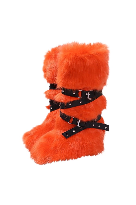 Women Fashionable Casual Flat Heel High Top Warm Winter Long Tube Spicy Girl High Tube Strap Plus Velvet Round Head Mid Tube Snow Boots Orange 9