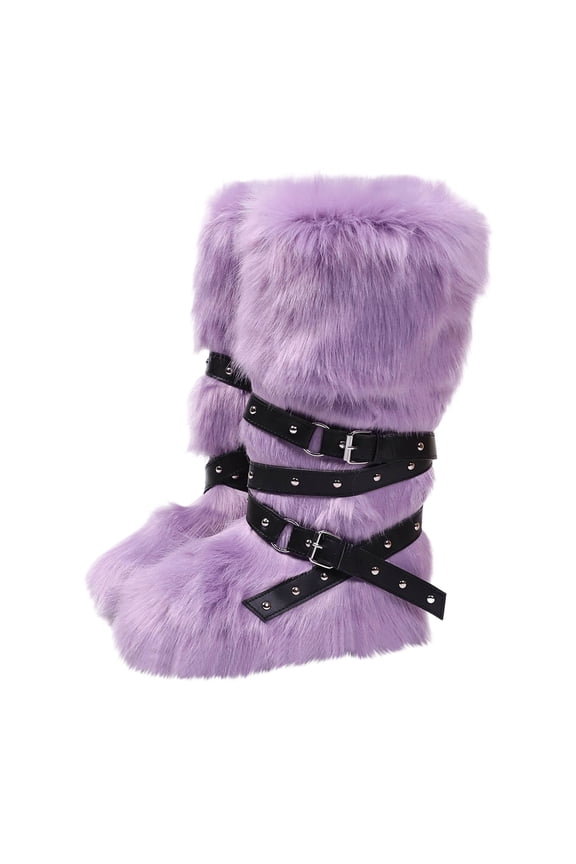 Women Fashionable Casual Flat Heel High Top Warm Winter Long Tube Spicy Girl High Tube Strap Plus Velvet Round Head Mid Tube Snow Boots Purple 8.5