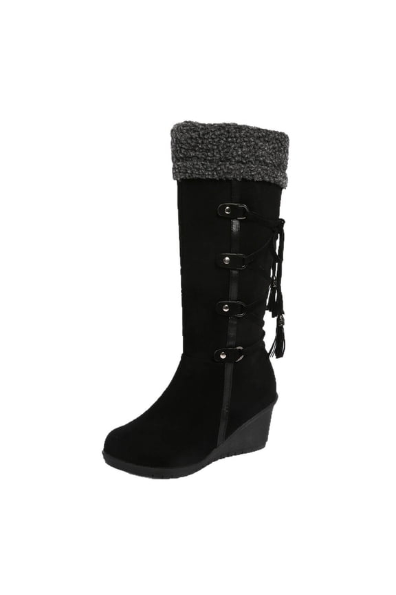 Women Fashionable Casual Slope Heel Suede Mouth Tied High Top Boots Black 9